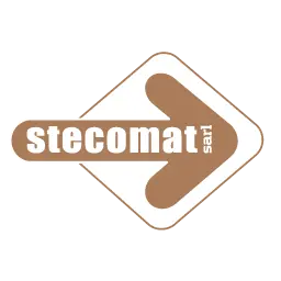 Stecomat logo featuring a brown rounded diamond with an arrow and the word 'stecomat' in a brown banner.