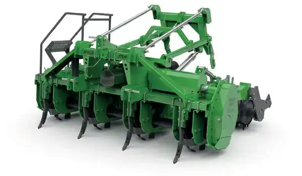 Green three-row agricultural cultivator with tines and rollers, an attachment for soil tillage behind a tractor.